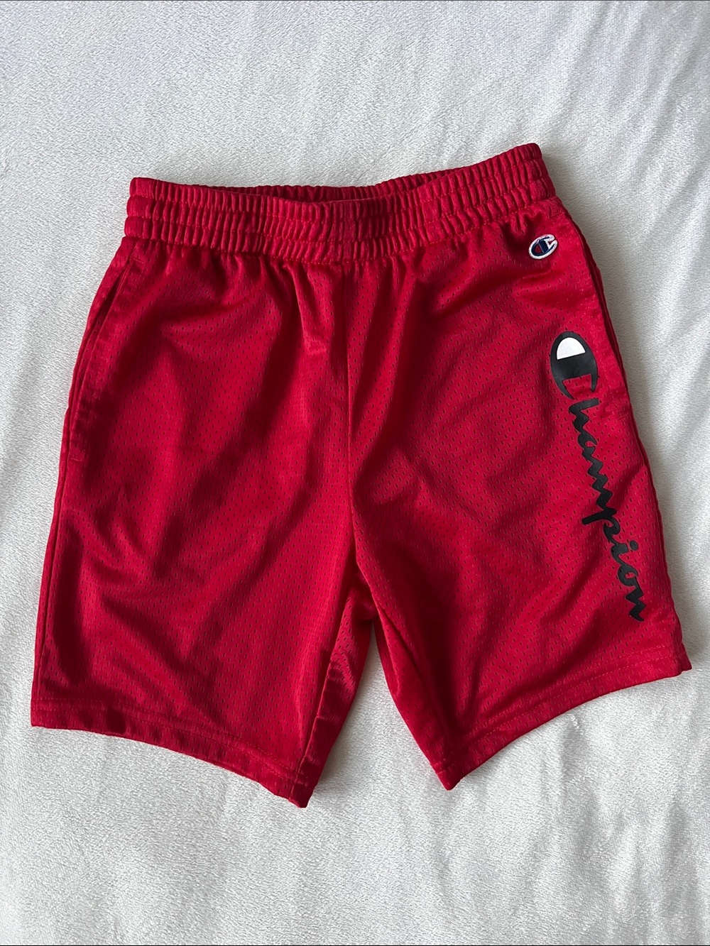 Boys Champion Red Mesh Athletic Shorts with Script Logo